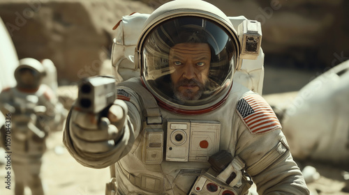 Astronaut in space suit holding a gun in a rocky extraterrestrial landscape with another astronaut in background