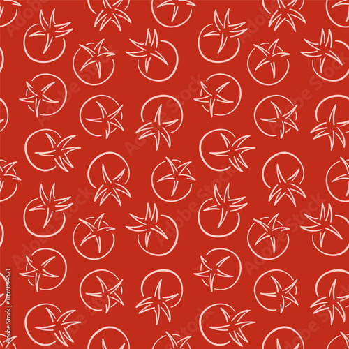 Seamless pattern of tomato in line art style on red background. Vegetable design for package, wallpaper, menu.