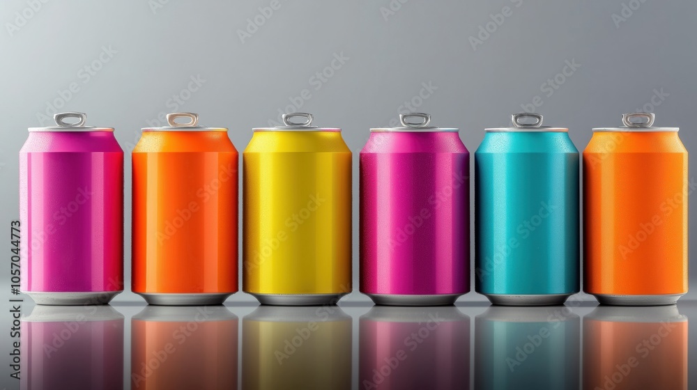 A row of six aluminum cans with different colors, including pink, orange, yellow, blue, and light purple, placed on a reflective surface against a gray background. A row of six aluminum cans with different colors, including pink, orange, yellow, blue, and light purple, placed on a reflective surface against a gray background.