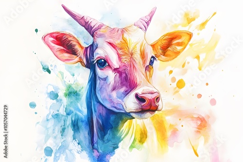 Watercolor Painting of a Cow's Head with Rainbow Colors and Splashes photo