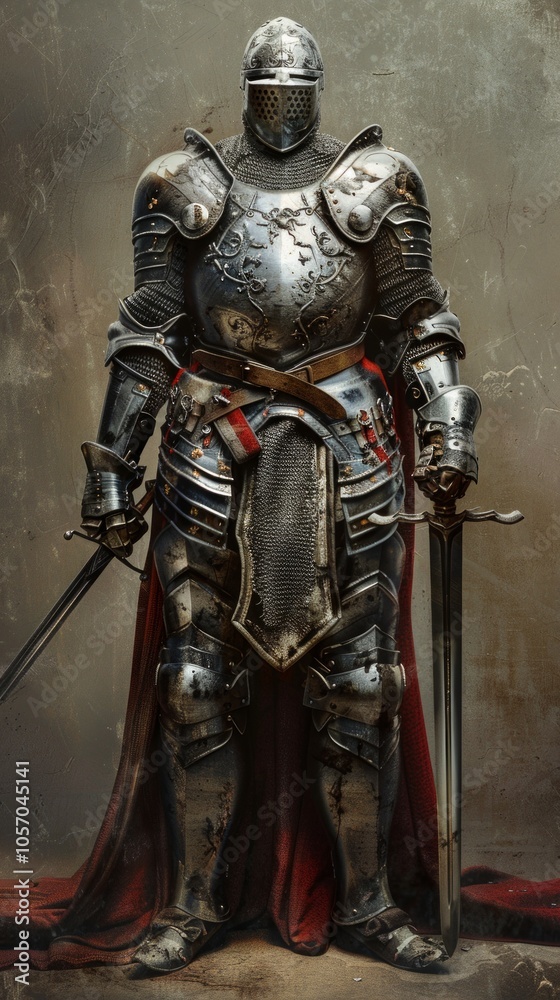 A medieval knight in detailed armor, holding two swords, set against a grunge background with a hint of a historical and dramatic vibe. A medieval knight in detailed armor, holding two swords, set against a grunge background with a hint of a historical and dramatic vibe.