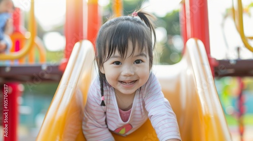 Young Asian girl, black hair, brown eyes, striped shirt, slides joyfully, smiling broadly, looking at viewer, playful and happy demeanor.