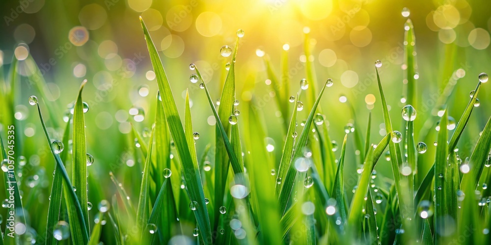 Fototapeta premium Dew Drops on Lush Green Grass in Morning Light - Nature's Beauty Captured in Macro Photography