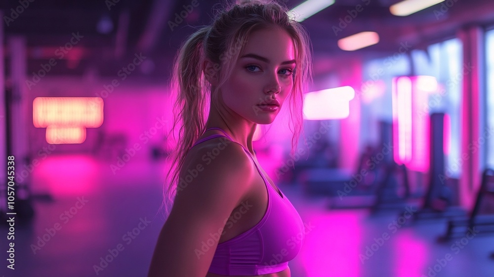 Fitness Motivation - Woman Training in Gym with Vibrant Neon Pink and Purple Lighting