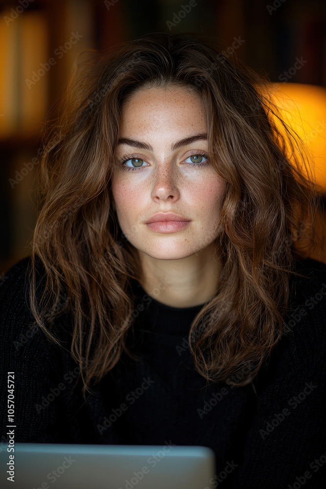 Captivating Portrait of a Woman with Natural Beauty and Freckles in Cozy Setting