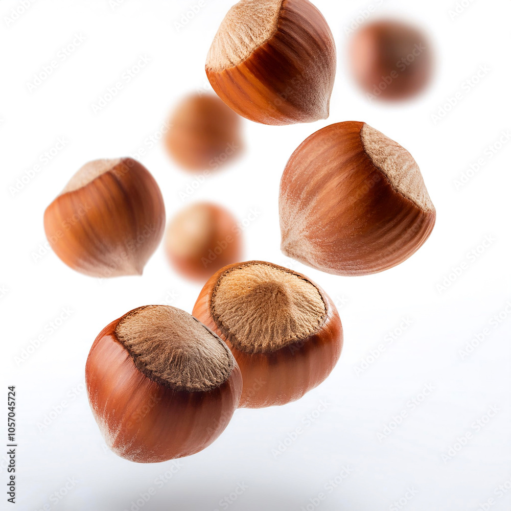 Hazelnuts floating or flying isolated white background