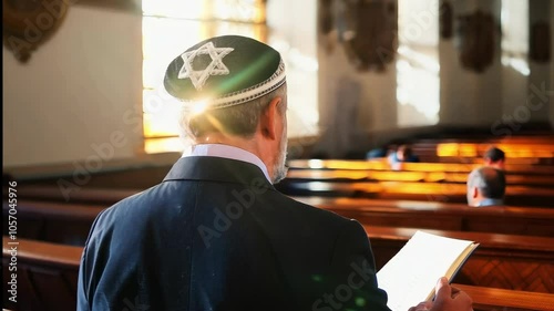 Back view of a man in a blue kippah with Star of David standing before the altar in a synagogue. 4k Video footage. photo