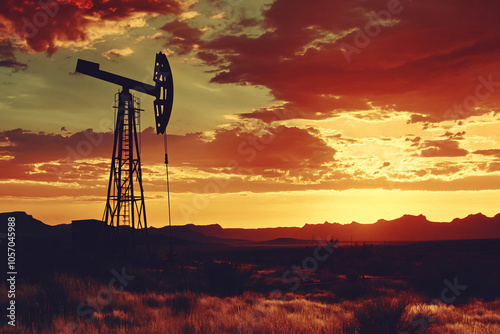 vintage Texas oil derrick silhouetted against sunset sky, rugged terrain photo