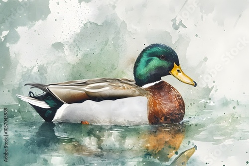 Watercolor Painting of a Mallard Duck in Water photo