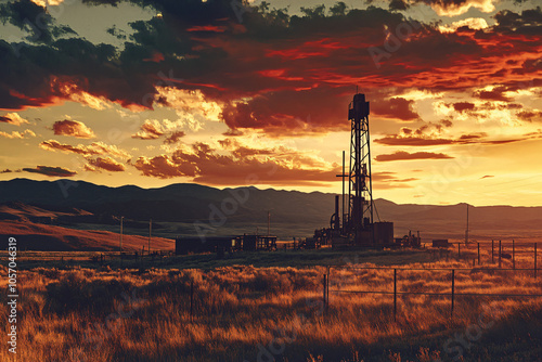 vintage Texas oil derrick silhouetted against sunset sky, rugged terrain photo