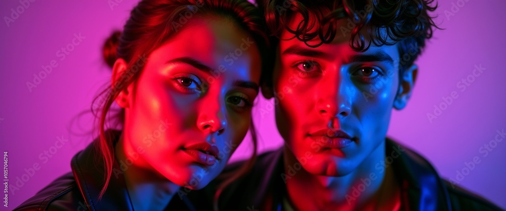 Obraz premium A captivating portrait of two individuals bathed in vibrant neon lighting, creating a moody and artistic ambiance. The contrasting colors evoke a sense of mystery and modern style.