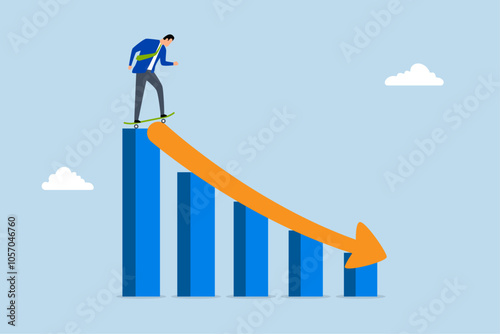 Prepare for economic downfall, Considerate businessman with skateboard getting ready to race down a financial chart.