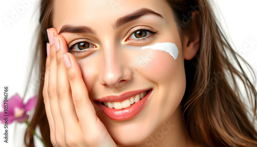 Beautiful young woman touching her perfect skin. Natural cosmetic skin care products. A woman demonstrates moisturizing facial care isolated with white shades, png