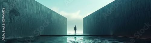 Capture the essence of solipsism through a minimalist approach - a solitary figure standing against a vast, futuristic backdrop, symbolizing  photo