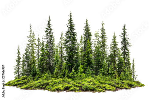 Lush green forest with tall coniferous trees on a natural landscape, isolated on white background.