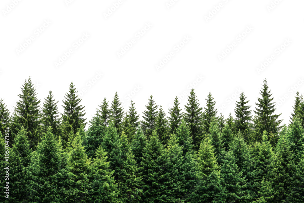 Lush green pine tree forest with vibrant foliage, white isolated background.