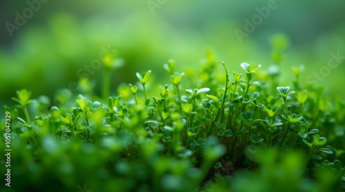 Close-up of fresh green sprouts with soft blurred background. Nature and growth concept