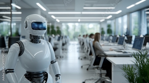 In a stylish white office space, leaders engage with AI interfaces and friendly robots, highlighting a harmonious blend of technology and human interaction