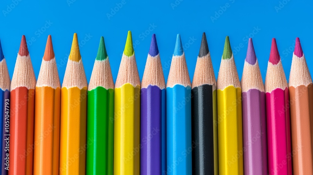 A striking collection of colored pencils arranged in a rainbow pattern, highlighting various hues from orange to violet set against a vivid blue backdrop