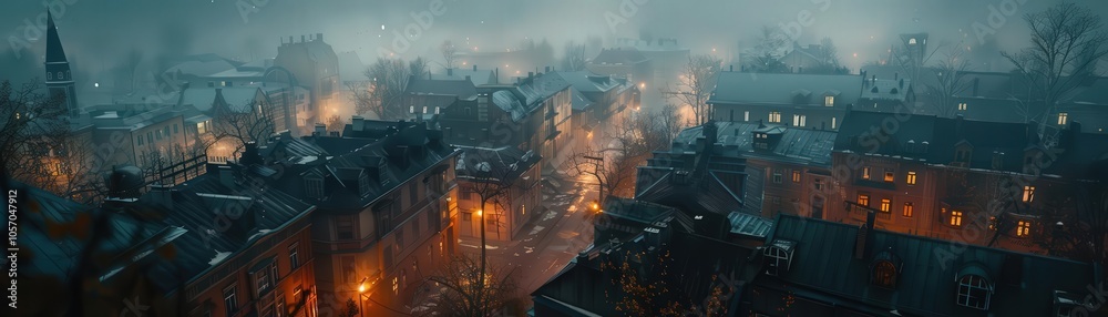 Capture the haunting essence of a deserted town square at midnight from a birds-eye view The minimalist design should convey eerie shadows