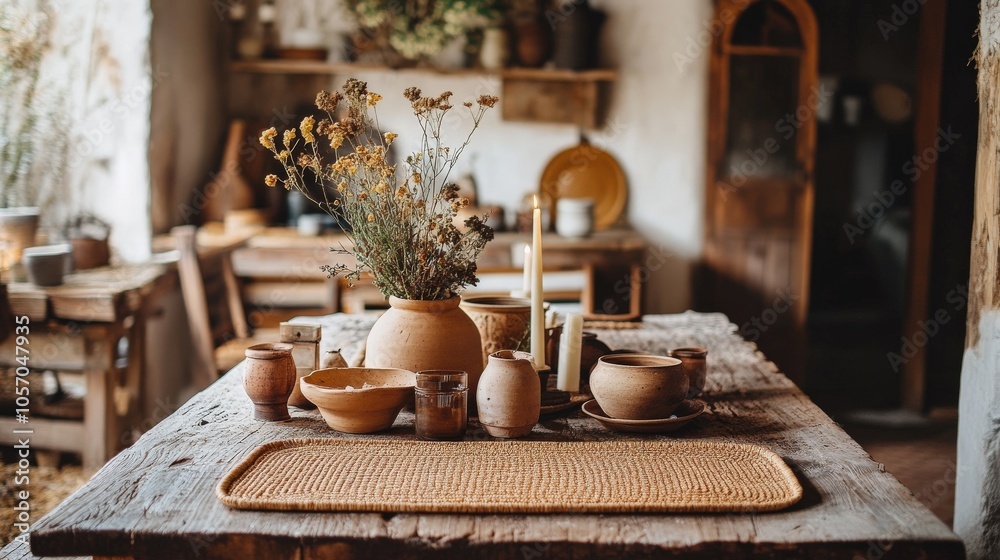 A cozy, rustic dining setup featuring pottery and dried flowers on a wooden table in a warm, inviting atmosphere. A cozy, rustic dining setup featuring pottery and dried flowers on a wooden table in a warm, inviting atmosphere.