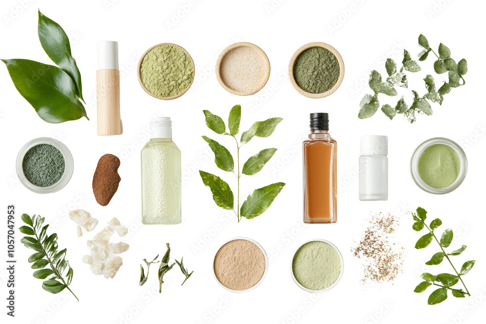 Natural skincare products arranged artfully with green leaves and herbal elements, ideal for eco-friendly beauty concepts.
