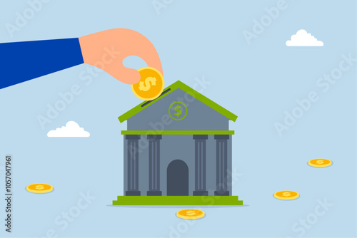 Financial services offered by an investment bank include investment advice, a businessman placing a dollar coin on the investment bank. 