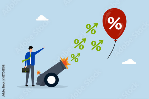 Inflation reduction act by FED, Businessman banker firing interest rate cannon at inflation balloon. 