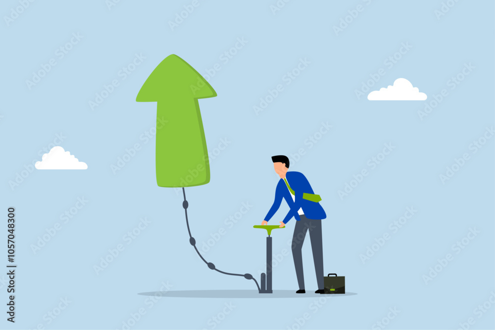 Growing business, Businessman is inflating an air pump to make a green arrow float upwards. Growing business, Businessman is inflating an air pump to make a green arrow float upwards.