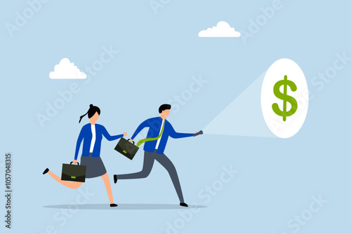 Investment opportunity, Advisor holding flashlight finds dollar sign for businessman. 