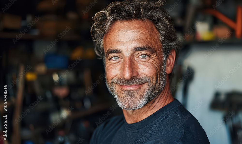 Confident Middle-Aged Man Smiling Indoors: A Study in Natural Charisma Confident Middle-Aged Man Smiling Indoors: A Study in Natural Charisma