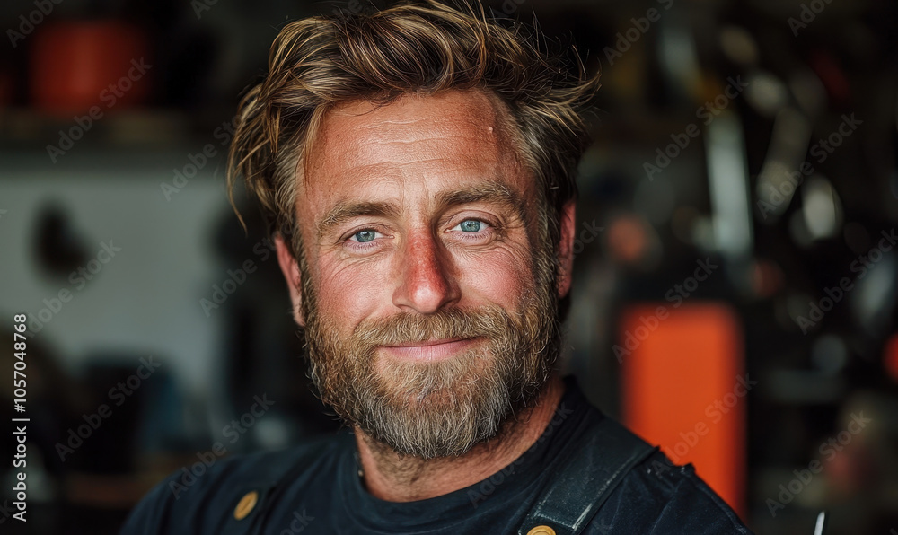 Portrait of a Bearded Man with a Friendly Smile in a Workshop Setting Portrait of a Bearded Man with a Friendly Smile in a Workshop Setting