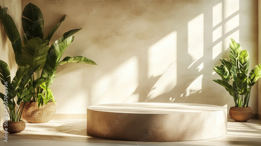 A serene interior space featuring a circular pedestal, sunlight filtering through, and lush green plants enhancing the tranquil atmosphere.