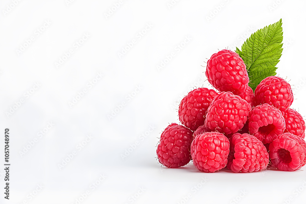 Cluster of Red ripe raspberries with green leaves isolated on a white background. Cluster of Red ripe raspberries with green leaves isolated on a white background.