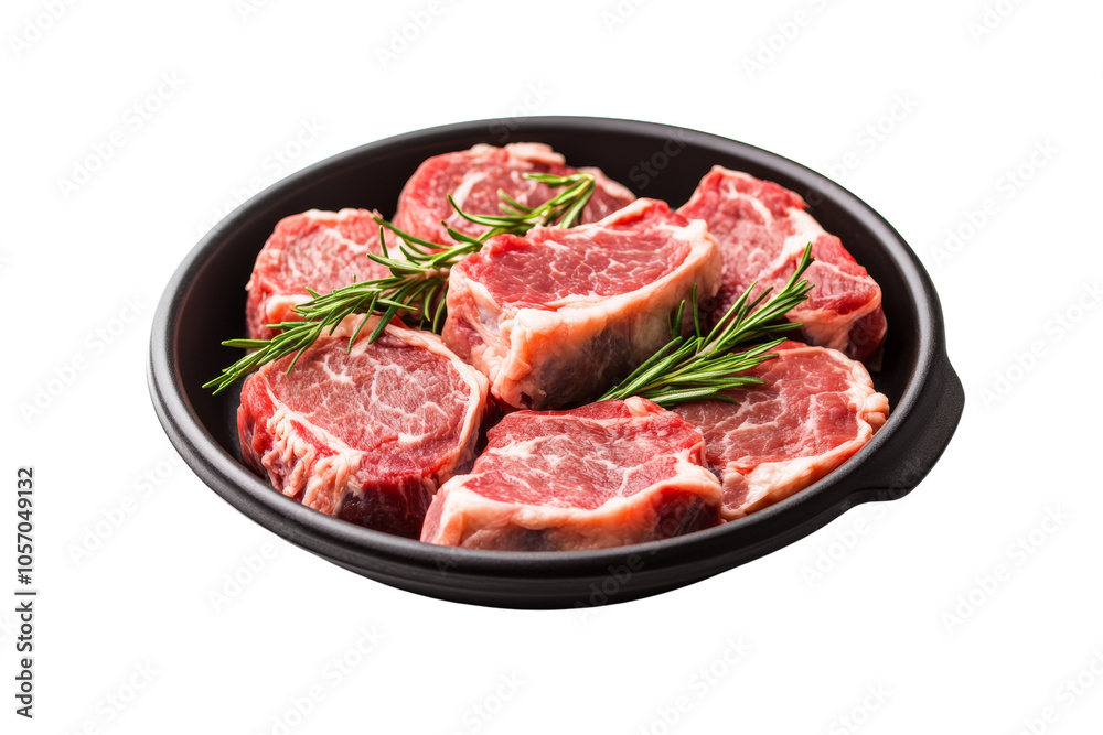 Raw meat cuts arranged in a black plate garnished with fresh rosemary, isolated on a white background. Raw meat cuts arranged in a black plate garnished with fresh rosemary, isolated on a white background.