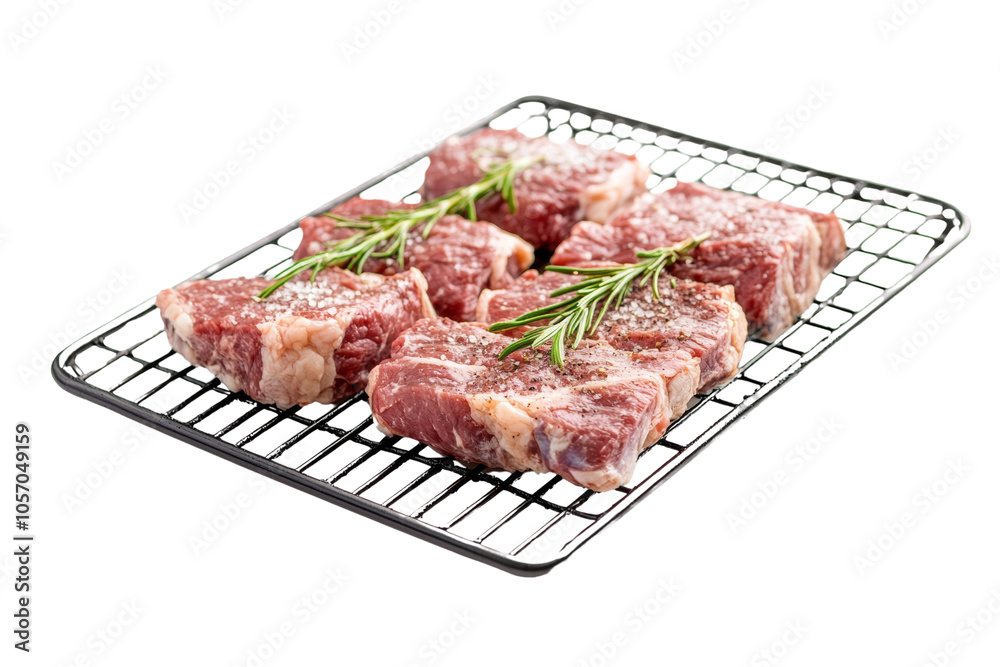 Raw meat cuts with rosemary on a grill rack, perfect for barbecue preparation. Raw meat cuts with rosemary on a grill rack, perfect for barbecue preparation.