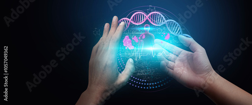 DNA helix concept of new ideas with Digital Virtual analysis chromosome DNA test of human in situations disease COVID-19 virus on hands in 3D illustration. Of free space for texts and creativity.