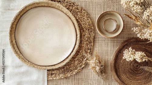 A top-down view of rustic tableware arranged on a textured surface, featuring woven elements and dried floral accents for a cozy, inviting aesthetic.