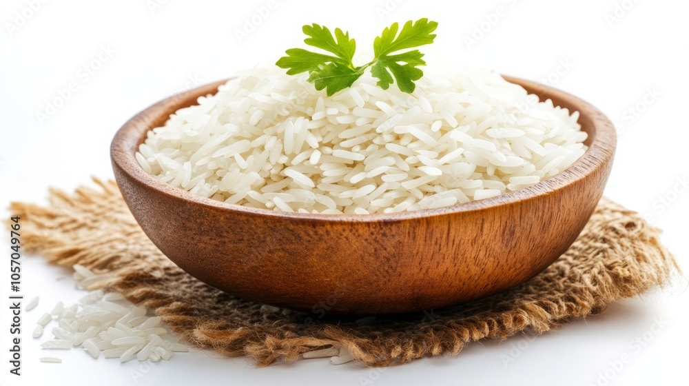 A bowl of white rice garnished with a cilantro leaf. A bowl of white rice garnished with a cilantro leaf.