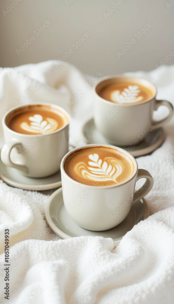three ceramic white coffee cups with latte art stand on a white cloth surface three ceramic white coffee cups with latte art stand on a white cloth surface