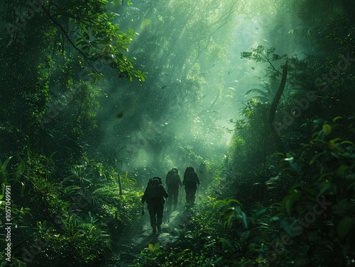 Capture the thrilling essence of adventure in a long shot of hikers trekking through lush, dense jungles Highlight the vastness and mystery of the untamed wilderness