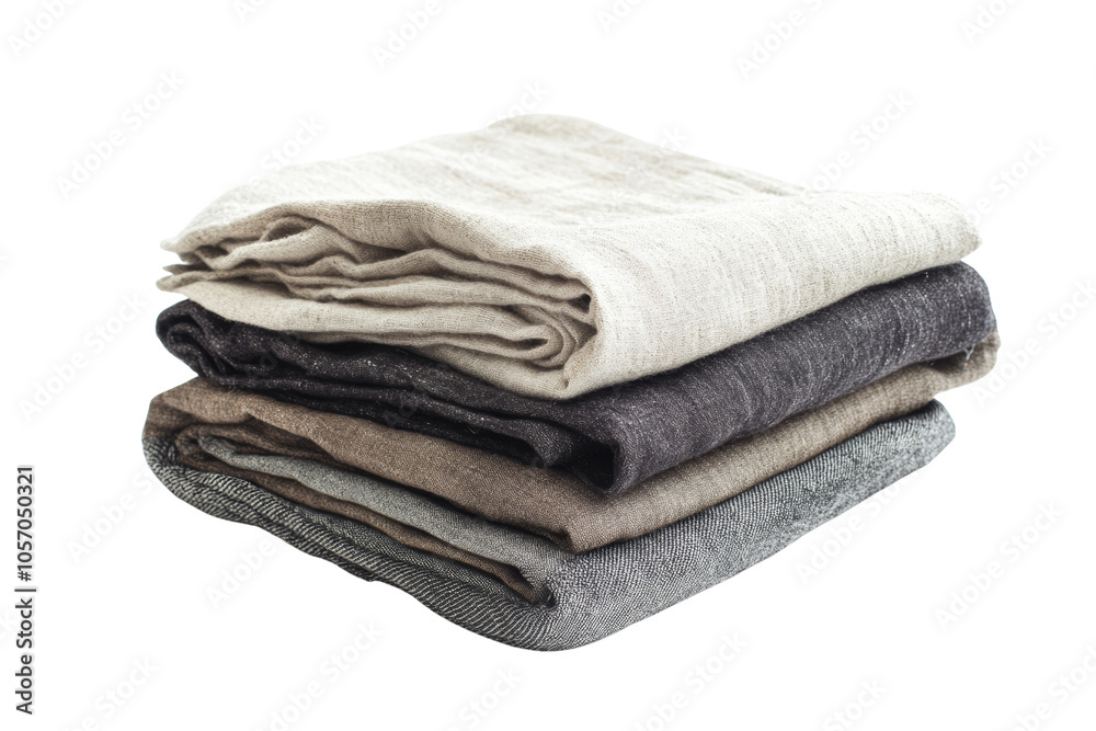 Stack of soft, folded linen fabric in neutral colors on a white isolated background. Stack of soft, folded linen fabric in neutral colors on a white isolated background.
