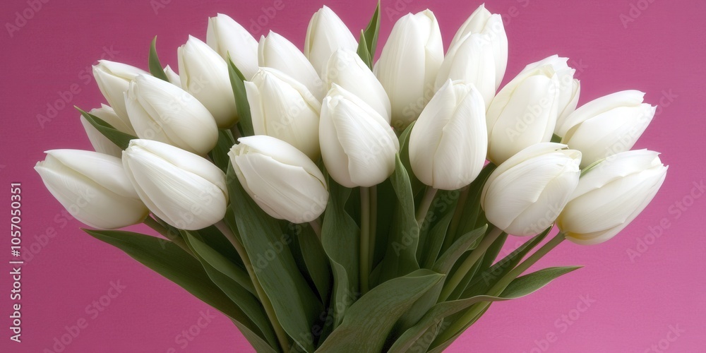 Fototapeta premium White Tulip Bouquet on Pink Background Spring Flower Arrangement Romantic Decoration