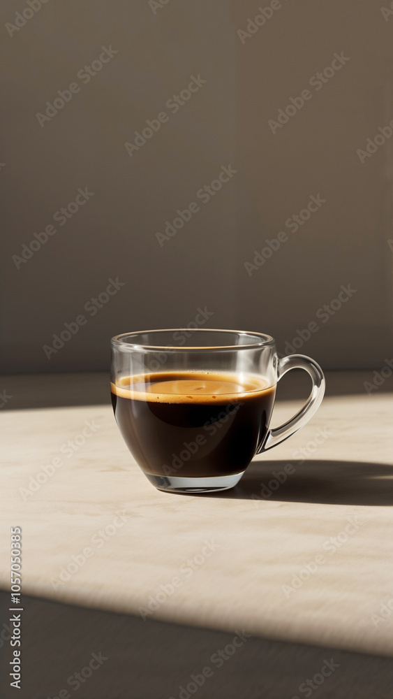 glass coffee cup with rich espresso casting shadow on neutral background glass coffee cup with rich espresso casting shadow on neutral background