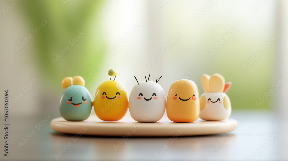 collection of cute, colorful, smiling characters on wooden tray, showcasing playful designs and cheerful expressions. Perfect for children decor or toys collection of cute, colorful, smiling characters on wooden tray, showcasing playful designs and cheerful expressions. Perfect for children decor or toys