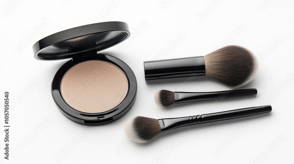 Artfully arranged makeup brushes and an open compact with dark brown contour powder on a clean white background showcasing beauty essentials Artfully arranged makeup brushes and an open compact with dark brown contour powder on a clean white background showcasing beauty essentials