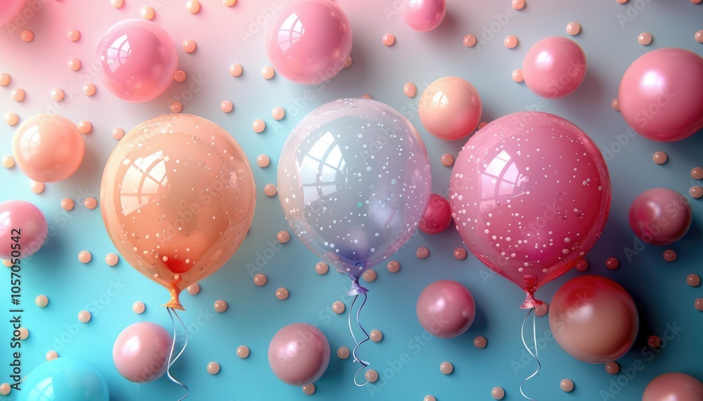 Three pastel balloons with white polka dots against a blue and pink background. Three pastel balloons with white polka dots against a blue and pink background.