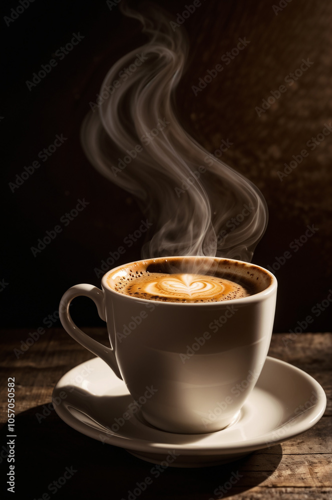 Fototapeta premium ceramic cup of hot coffee on dark background, banner, place for text