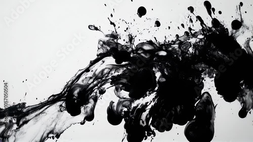 Abstract Ink Splash on White Background. A Dynamic Expression of Zen and Minimalism in Black and White.