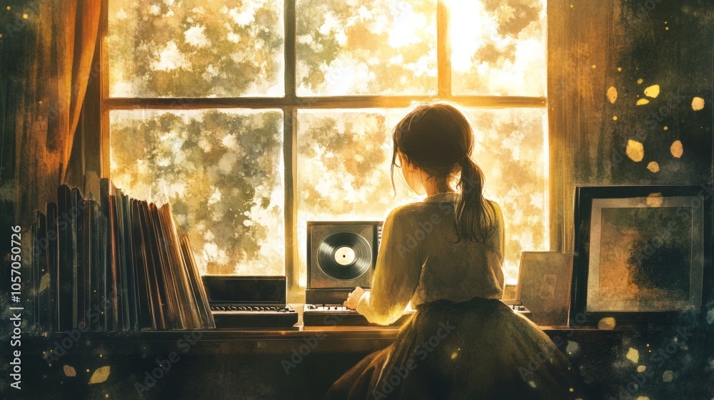 A girl sits by a sunlit window, enjoying music and nature. A girl sits by a sunlit window, enjoying music and nature.